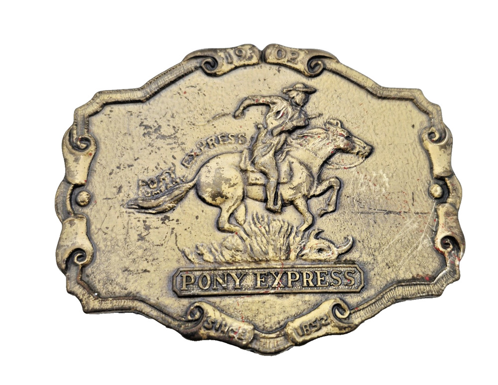 VTG Pony Express 1902 Since 1852 Belt Buckle Brass Tone Western Cowboy & Horse - Picture 1 of 4
